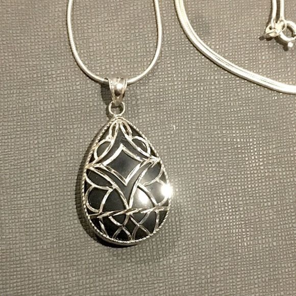 Black Onyx Cabochon Teardrop and Sterling Silver Filigree Overlay Necklace - Picture 7 of 10